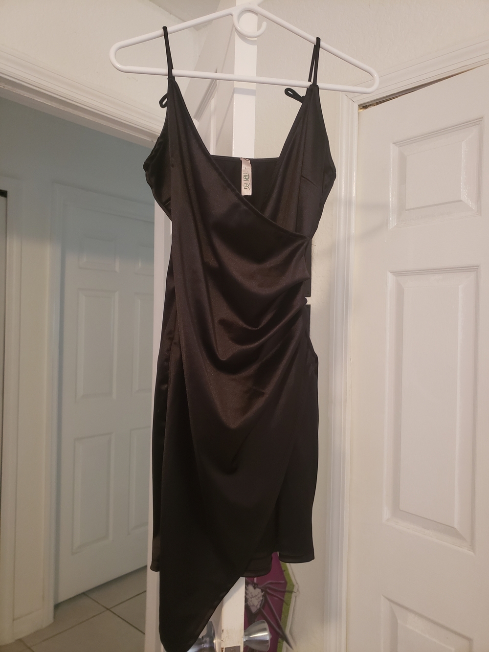 Steps NY Black Satin Slip Dress with Asymmetrical Hem & Cowl Neckline